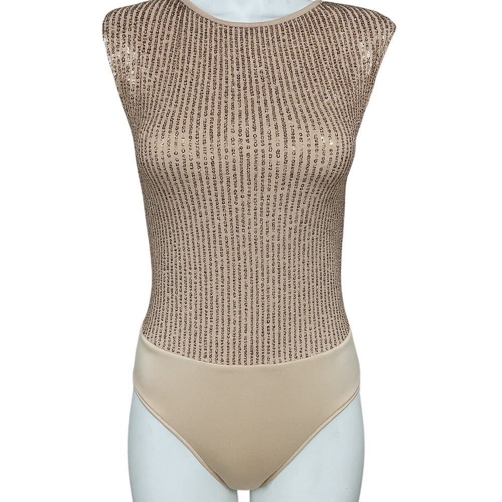 SHEIN Rose‎ Gold Sequin Sleeveless Bodysuit Sparkly Glam Party Holiday Metallic
